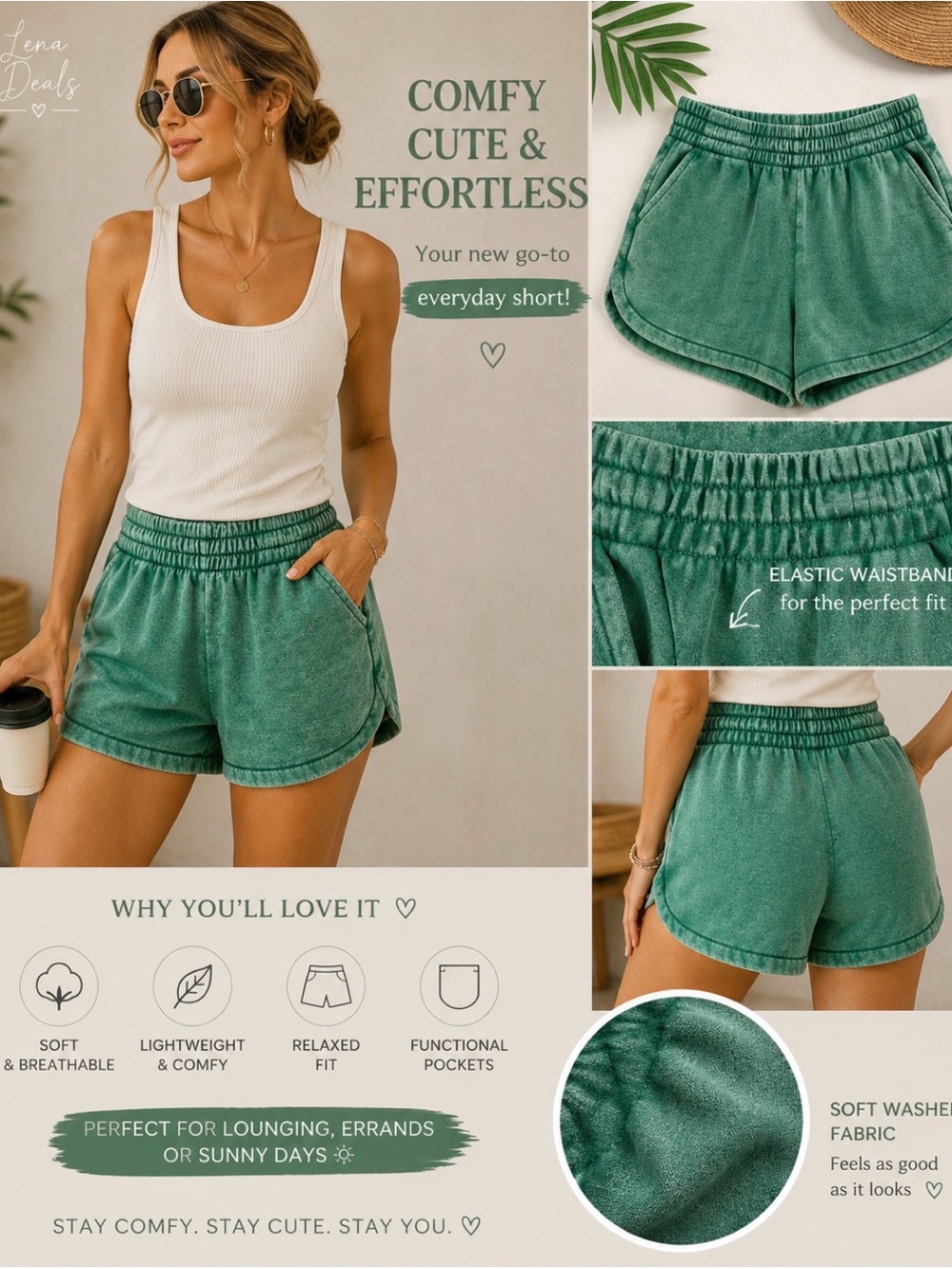 Zenana Acid-wash dolphin shorts elastic waistband Women’s Forest Green Sz Small